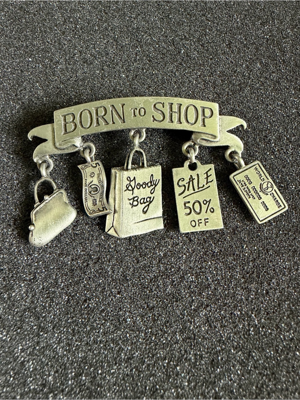 Vintage JJ JONETTE Born to Shop Silver-Tone Charm Brooch Pin
